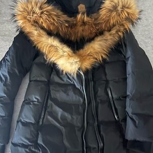 Mackage Black Down Puffer Coat with Brown Faux Fur Trim